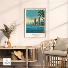 Mumbai India Oceanfront Skyline Poster - Indian Seashore Travel Decor displayed in a stylish interior setting.