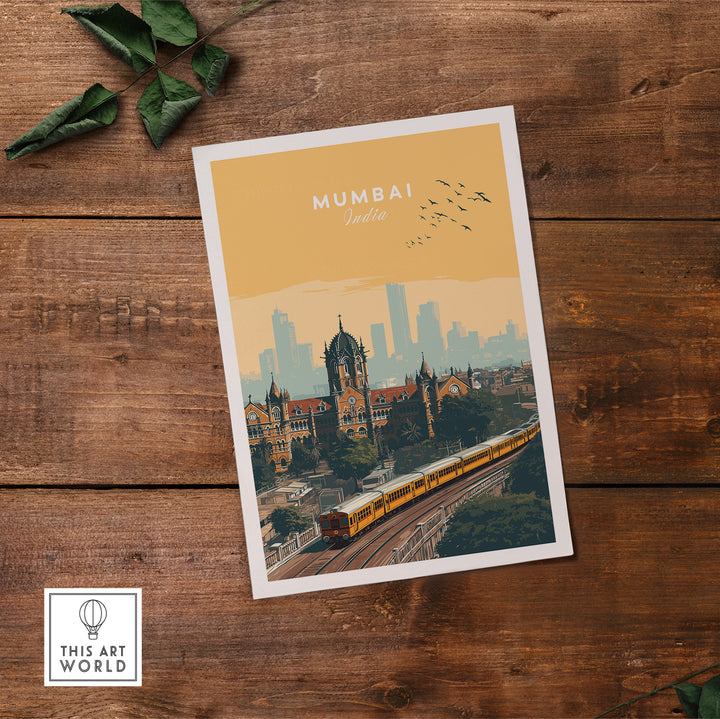 Mumbai railway station and skyline print poster showcasing iconic architecture and vibrant city life.