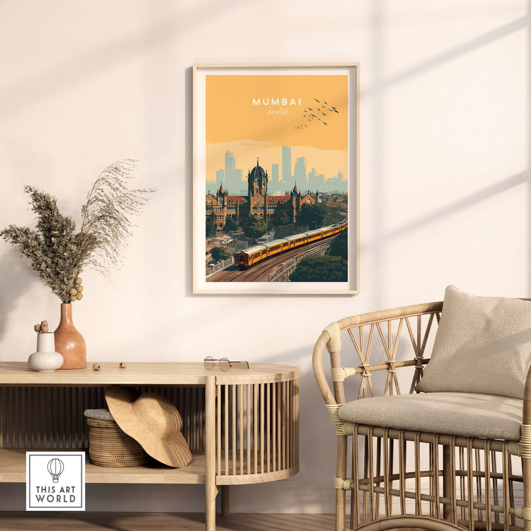 Mumbai railway station and skyline print poster in an elegant room setting, showcasing urban India.