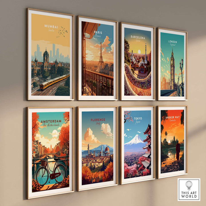 Gallery of cityscape posters including Mumbai, Paris, Barcelona, London, Amsterdam, Florence, Tokyo, and Angkor Wat.