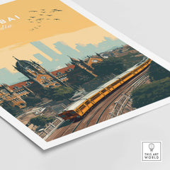 Mumbai India Railway Station & Skyline Print - Iconic Indian City Poster featuring vibrant architecture and train.