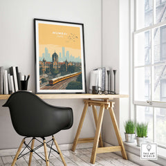 Mumbai India Railway Station & Skyline Print - Iconic Indian City Poster displayed in a chic office setting.