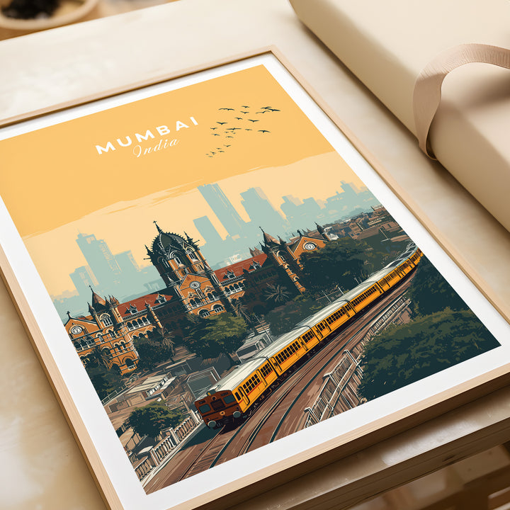Mumbai railway station and skyline print poster, showcasing vibrant city architecture and train against a backdrop.