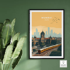 Mumbai India Railway Station & Skyline Print - Iconic Indian City Poster in a modern decor setting.