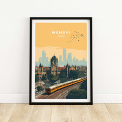Mumbai India Railway Station & Skyline Print - Iconic Indian City Poster showcasing vibrant cityscape.
