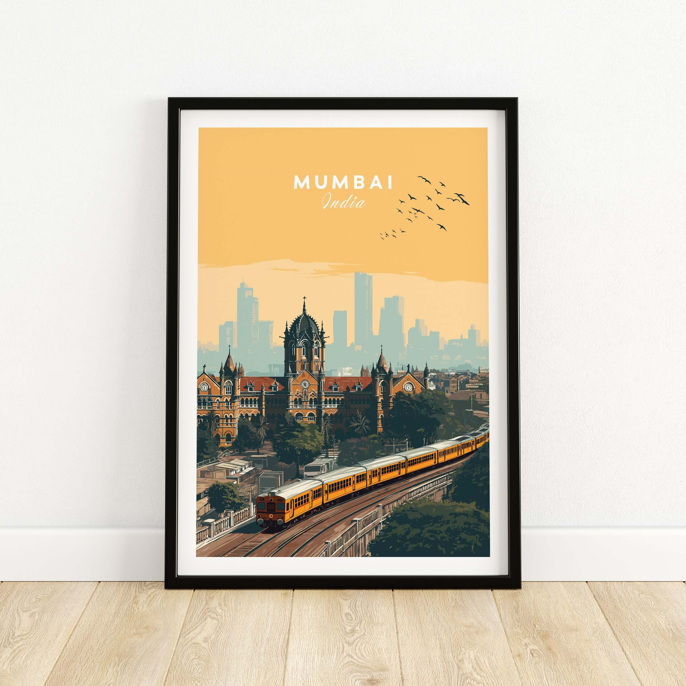 Mumbai India Railway Station & Skyline Print - Iconic Indian City Poster showcasing vibrant cityscape.