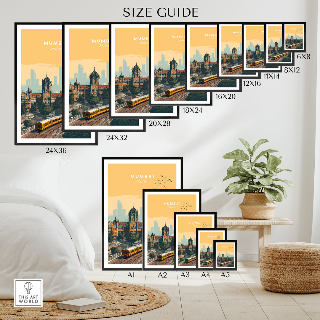 Size guide for Mumbai India Railway Station & Skyline print poster in various frame sizes.