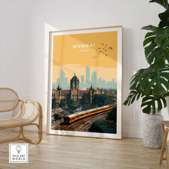 Mumbai India Railway Station & Skyline Print - Iconic Indian City Poster in a modern living space.