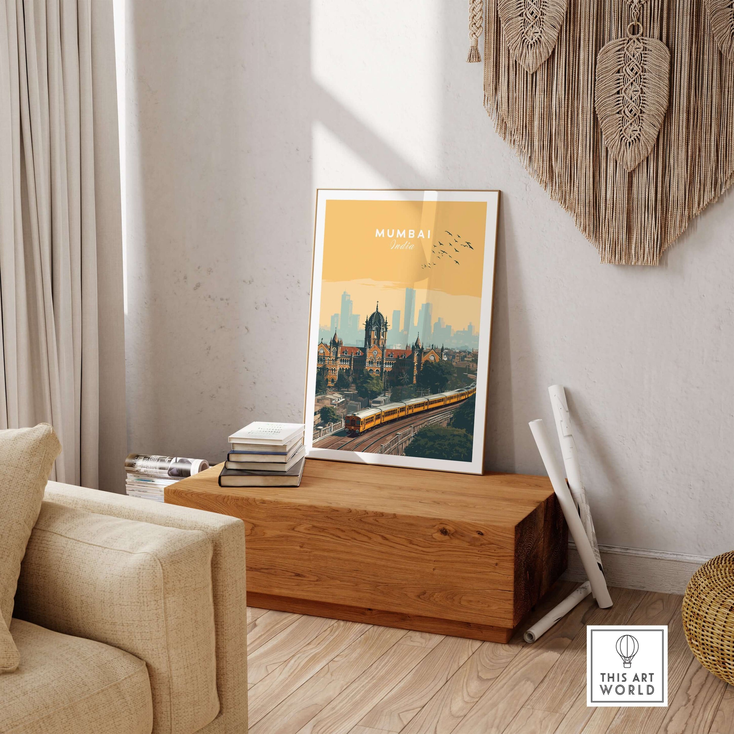 Mumbai India Railway Station & Skyline Print - Iconic Indian City Poster displayed in a stylish living room.