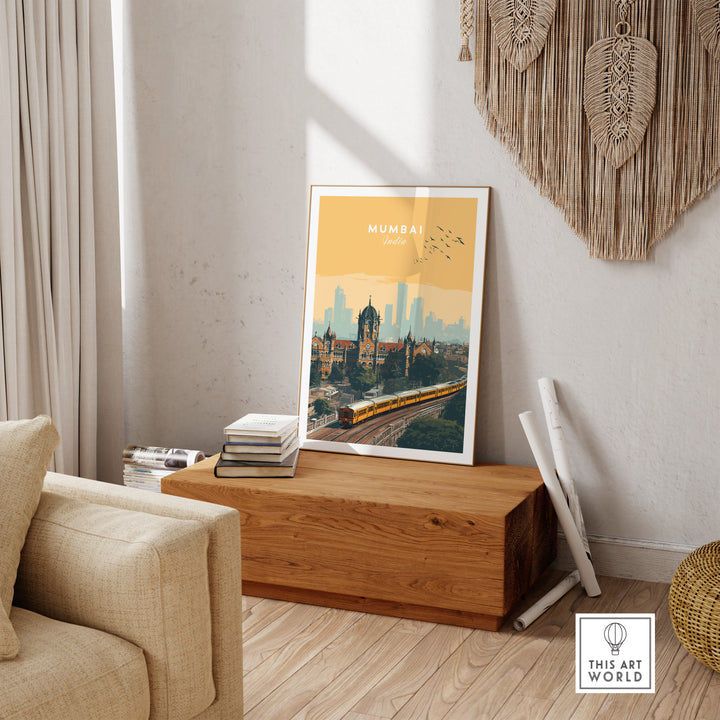 Mumbai railway station and skyline poster displayed in a cozy living room setting, showcasing Indian city culture.