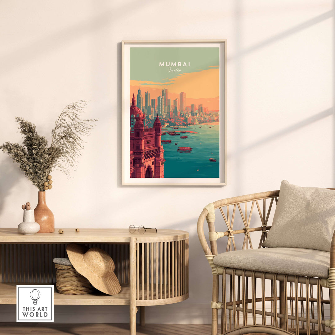 Mumbai skyline and Gateway of India poster, modern cityscape wall art in stylish interior setting.
