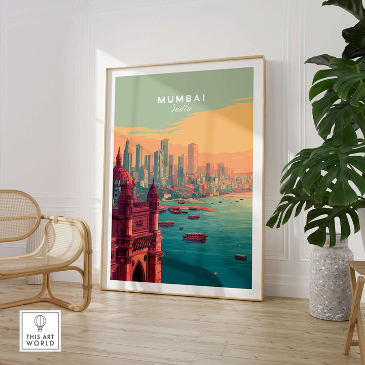 Mumbai skyline and Gateway of India poster showcasing vibrant cityscape wall art in a modern interior.