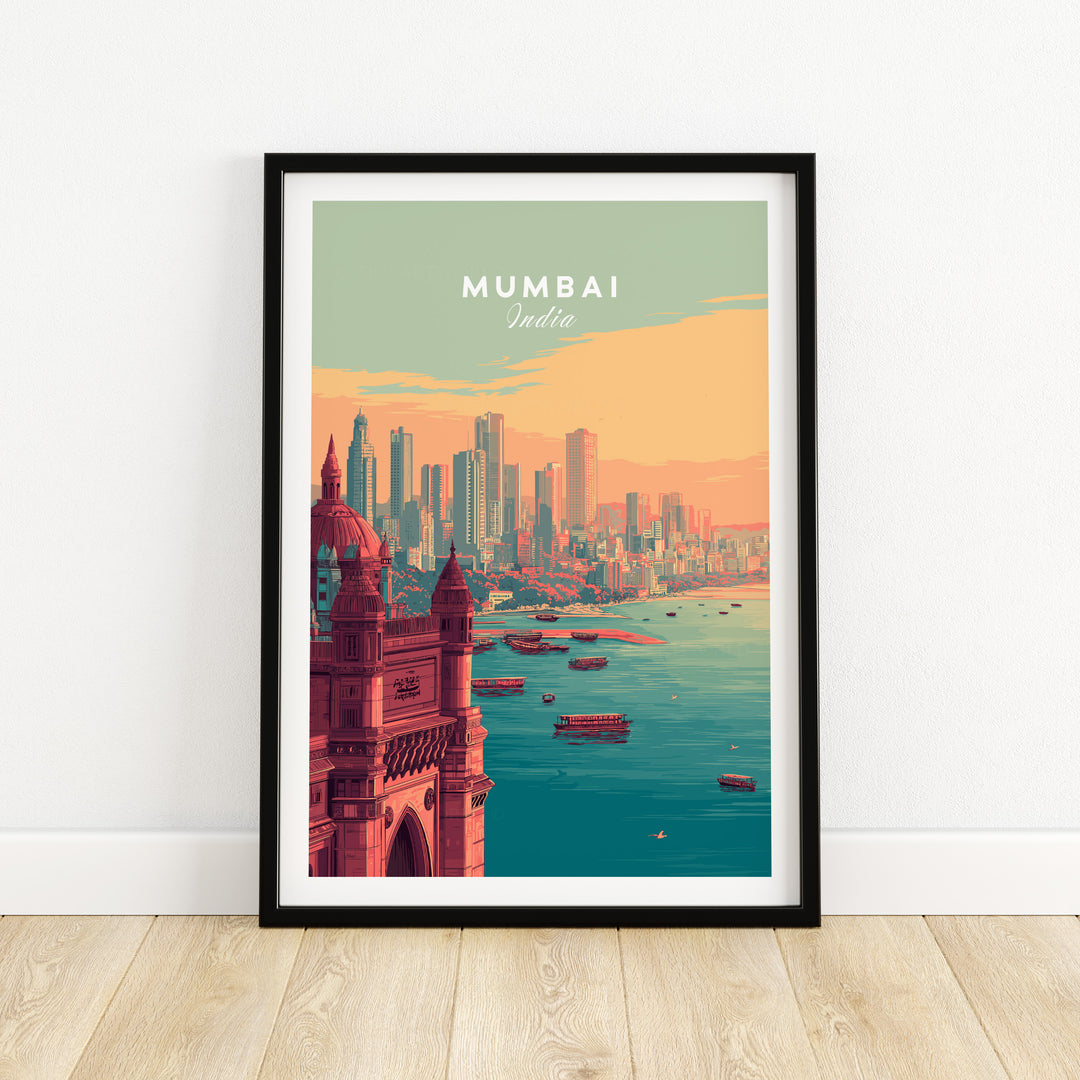 Mumbai skyline poster featuring the Gateway of India and modern cityscape, vibrant wall art for urban decor.