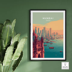 Mumbai India Skyline & Gateway Poster - Modern Cityscape Wall Art framed print featuring vibrant cityscape and historic architecture.