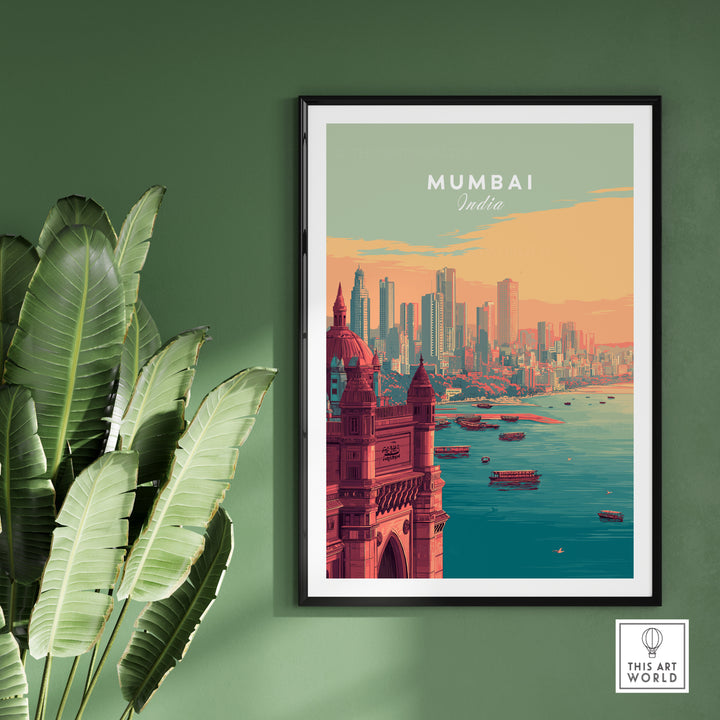 Mumbai skyline and Gateway of India poster, vibrant modern cityscape wall art.