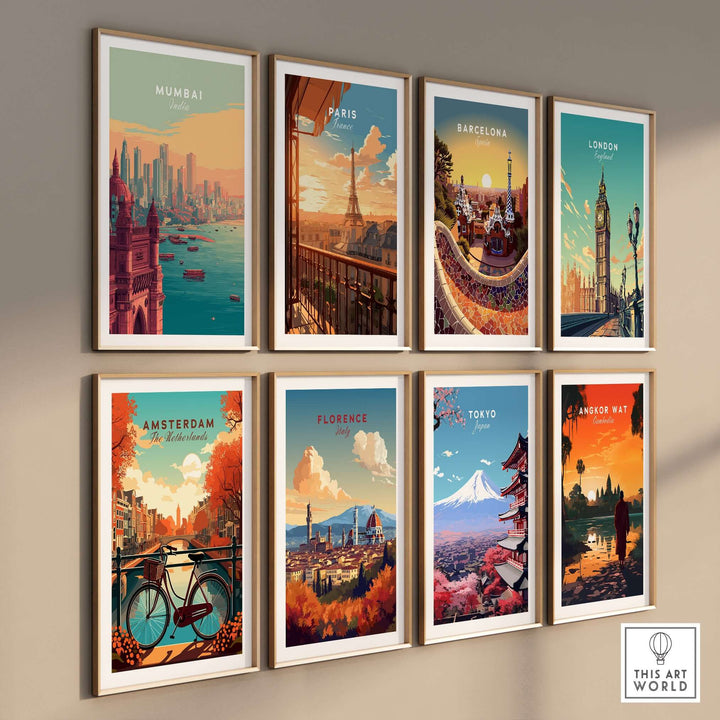 Gallery of cityscape posters featuring Mumbai, Paris, Barcelona, London, Amsterdam, Florence, Tokyo, and Angkor Wat.