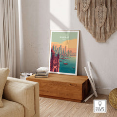 Mumbai India Skyline & Gateway Poster - Modern Cityscape Wall Art displayed in a stylish living room setting.