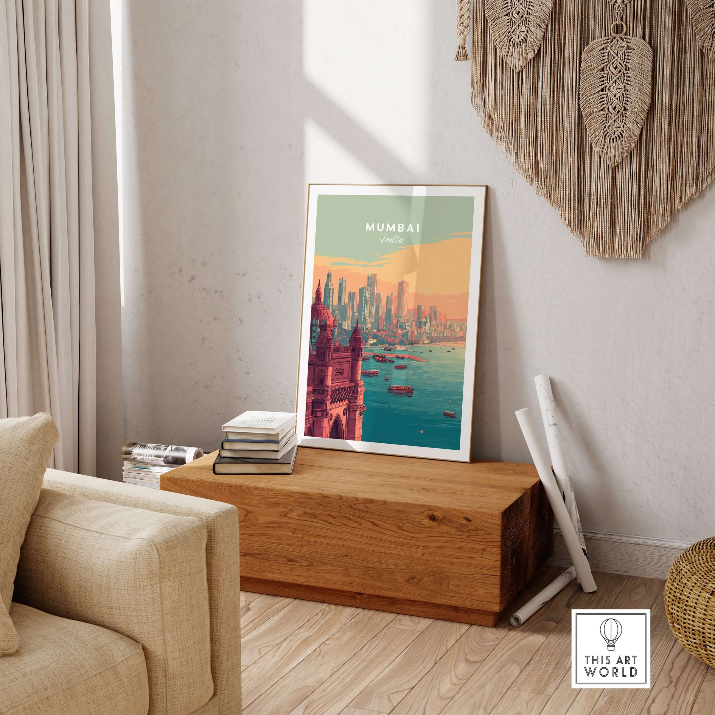 Mumbai India Skyline & Gateway Poster - Modern Cityscape Wall Art displayed in a stylish living room setting.