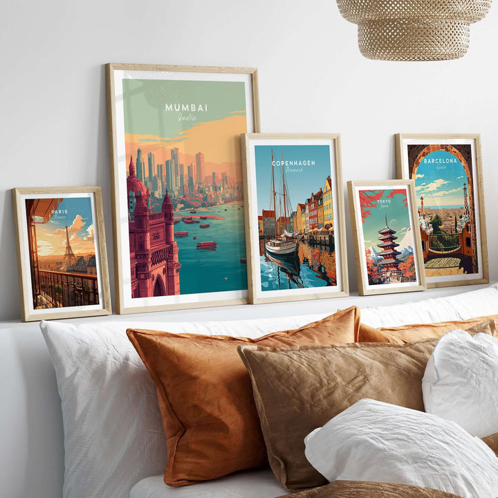 Mumbai skyline and Gateway poster among framed cityscape art on a modern bedroom wall.