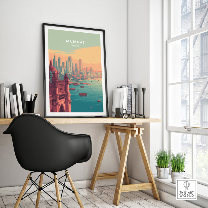 Mumbai skyline and Gateway poster in modern office setting, showcasing vibrant cityscape wall art.
