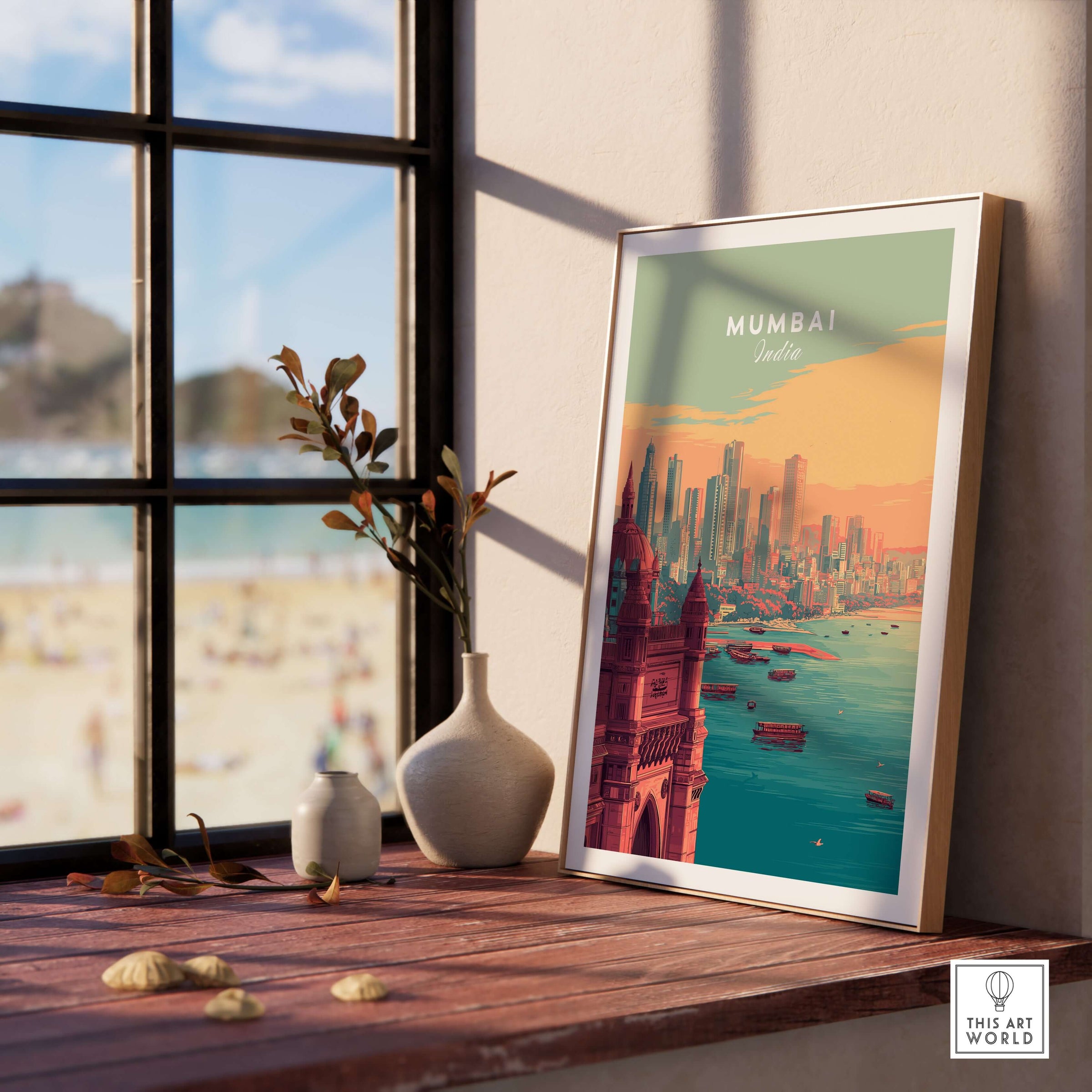 Mumbai India Skyline & Gateway Poster - Modern Cityscape Wall Art displayed in a sunlit room next to a vase.