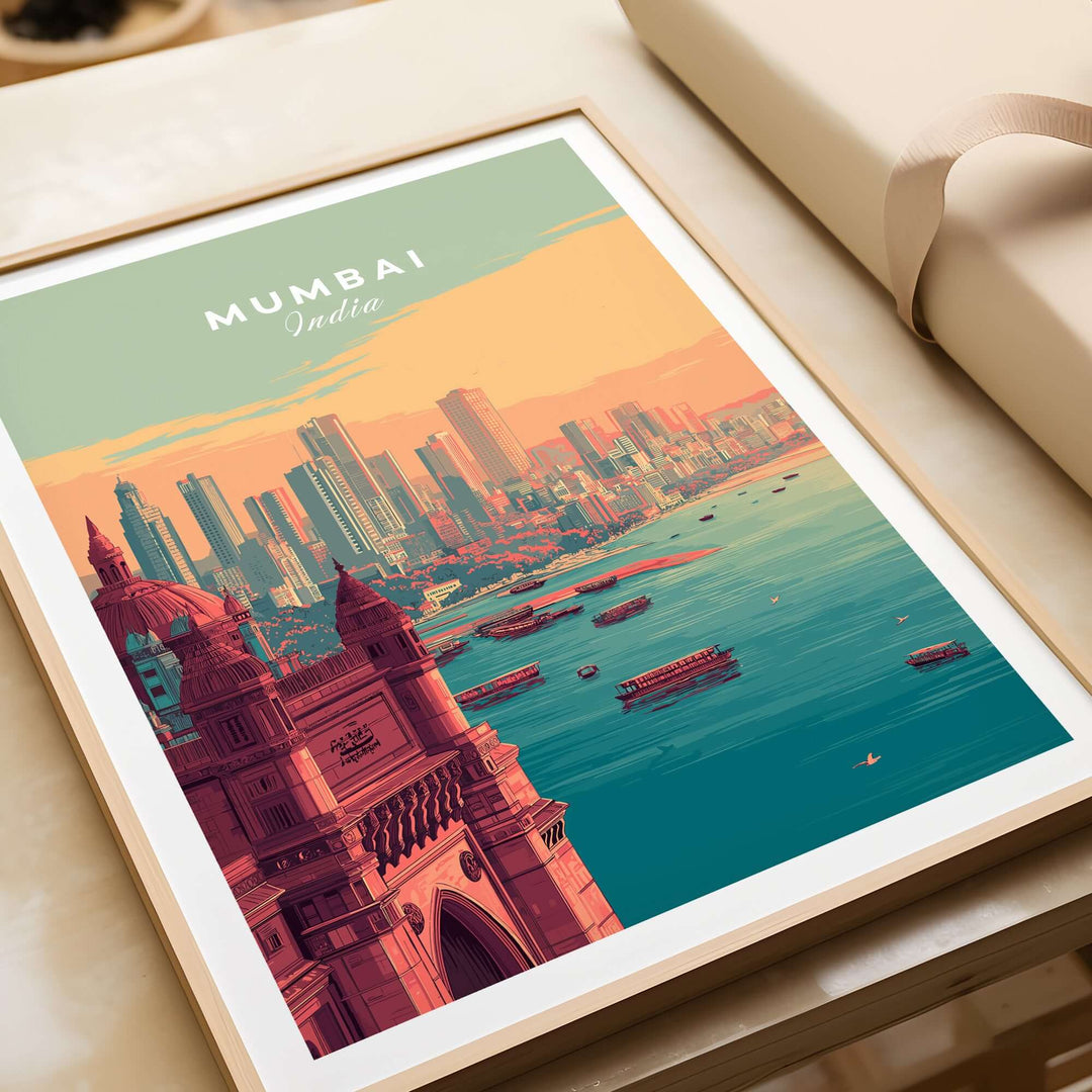Mumbai skyline and Gateway of India poster, showcasing vibrant cityscape wall art.