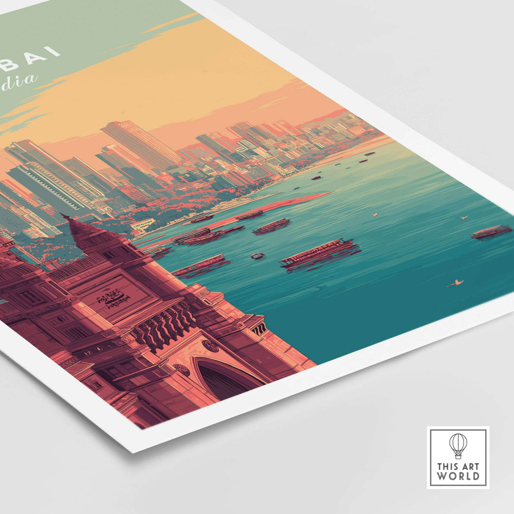 Mumbai skyline and Gateway of India poster, showcasing modern cityscape and vibrant colors.