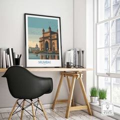 Mumbai India Travel Print - Gateway to India artwork displayed in modern interior setting with desk and chair.