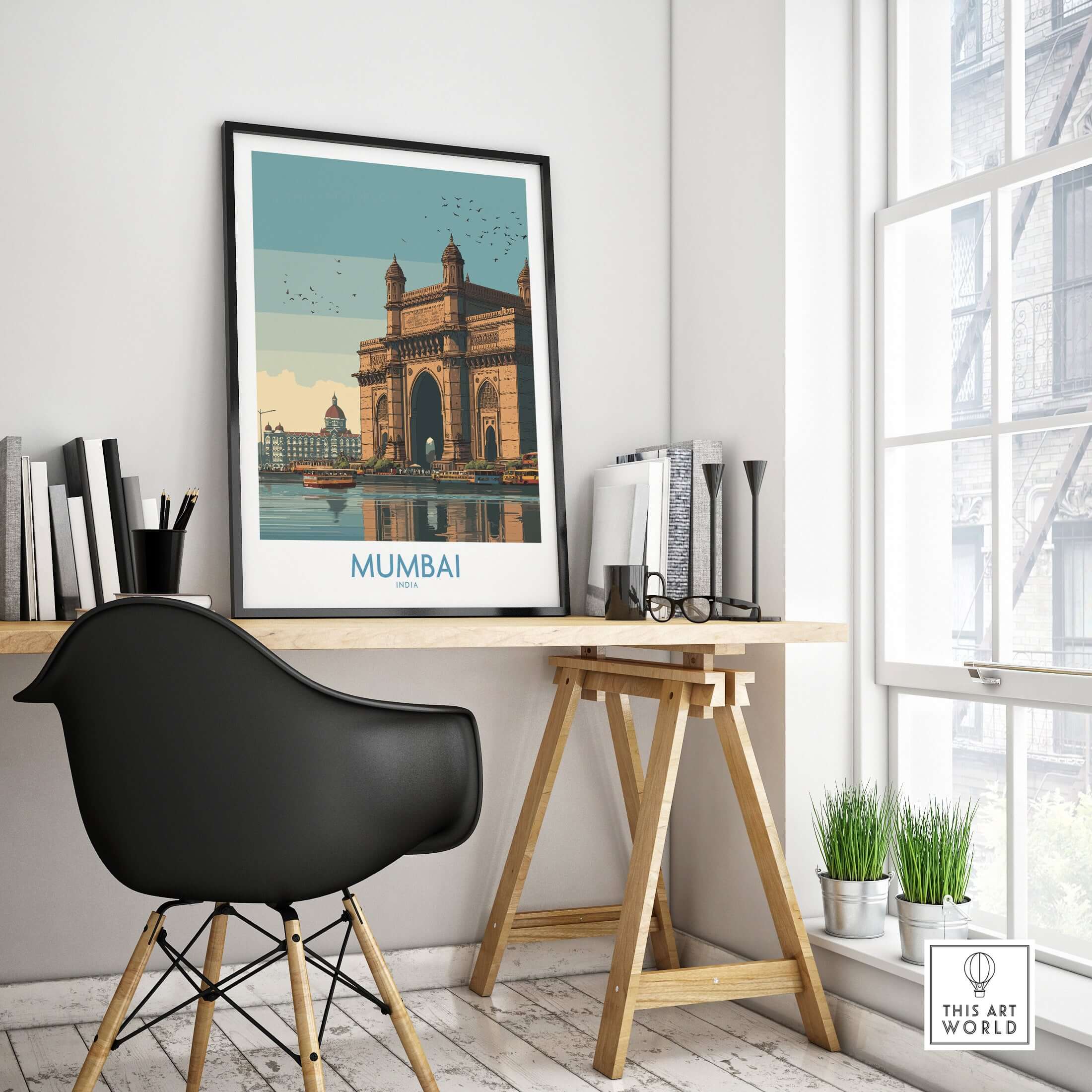 Mumbai India Travel Print - Gateway to India artwork displayed in modern interior setting with desk and chair.