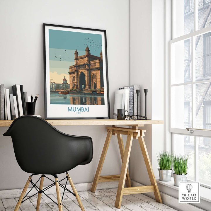 Mumbai travel print featuring the iconic Gateway of India in a stylish home office setting.