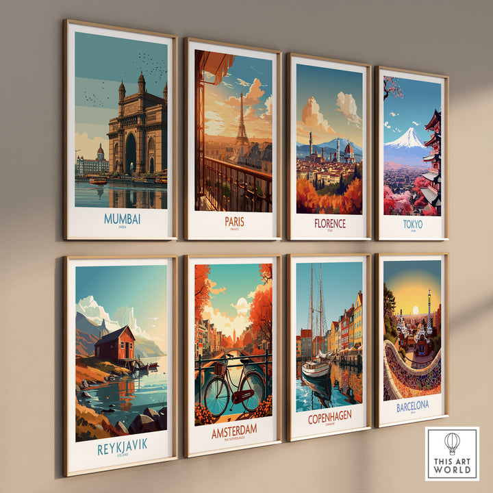 Collection of travel prints featuring iconic landmarks: Gateway of India, Eiffel Tower, Florence, Tokyo, Reykjavik, Amsterdam, Copenhagen, Barcelona.