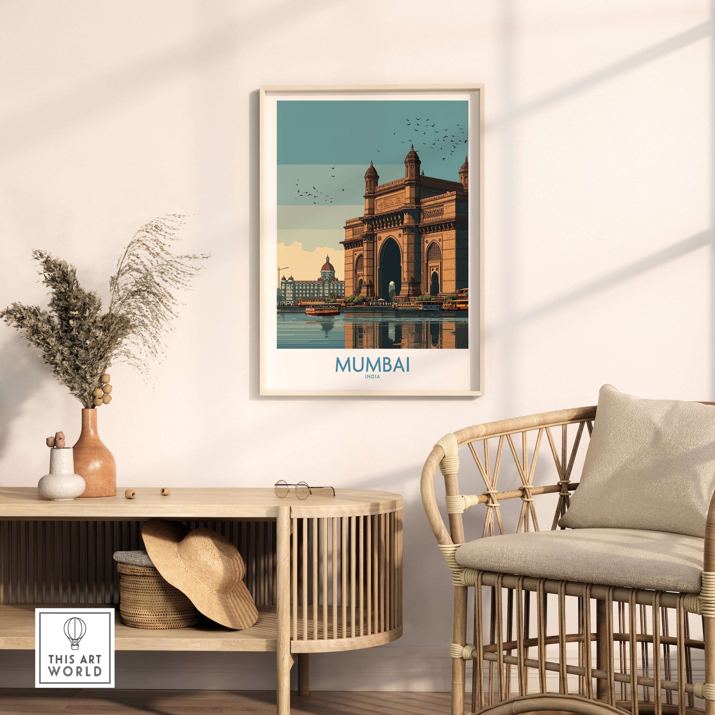 Mumbai India Travel Print - Gateway to India artwork showcasing the iconic Gateway of India in a stylish home setting.