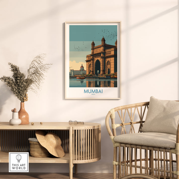 Mumbai travel print featuring the iconic Gateway of India displayed in a stylish home setting.