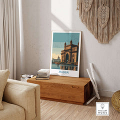 Mumbai India Travel Print - Gateway to India displayed in a stylish home setting with architectural details.