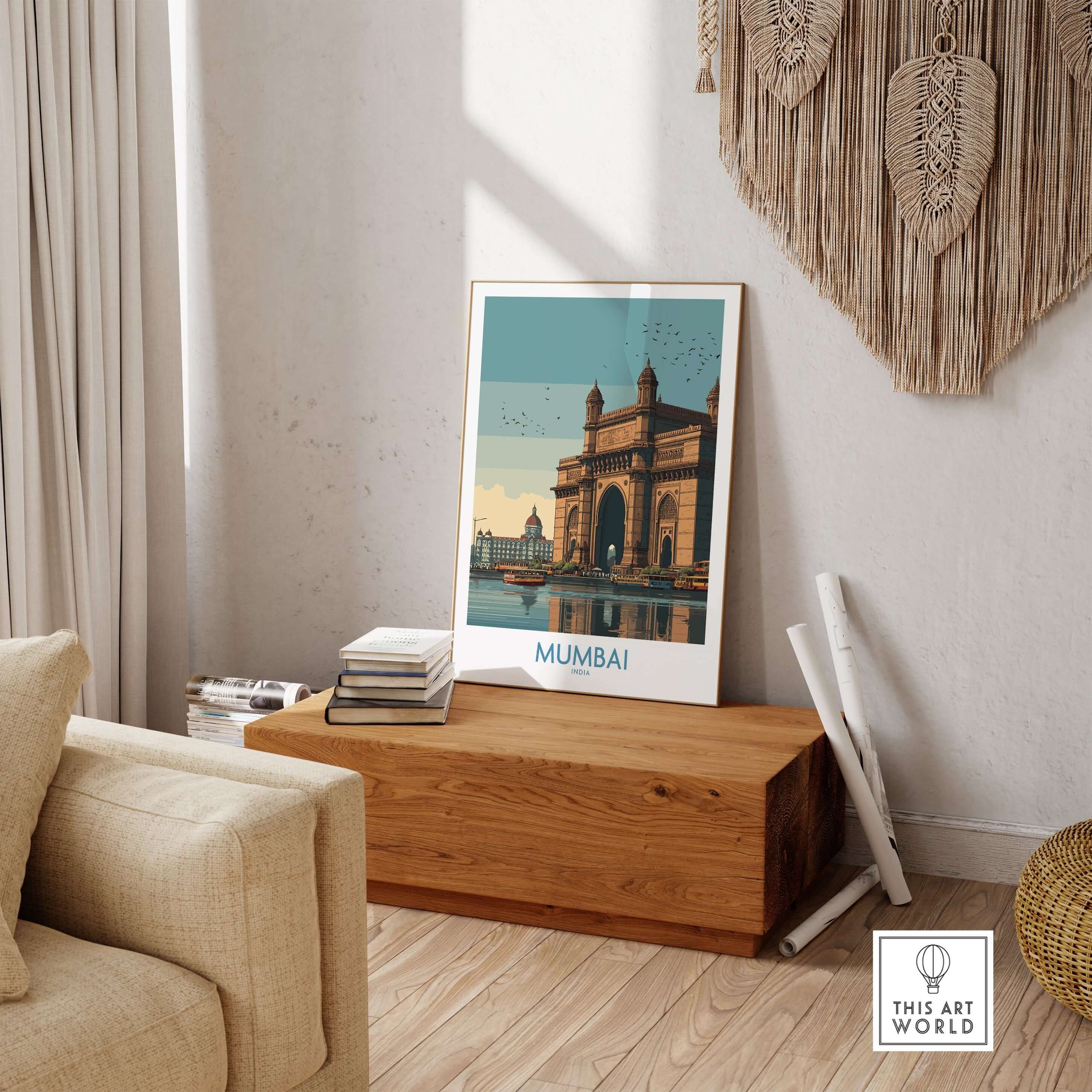 Mumbai India Travel Print - Gateway to India displayed in a stylish home setting with architectural details.