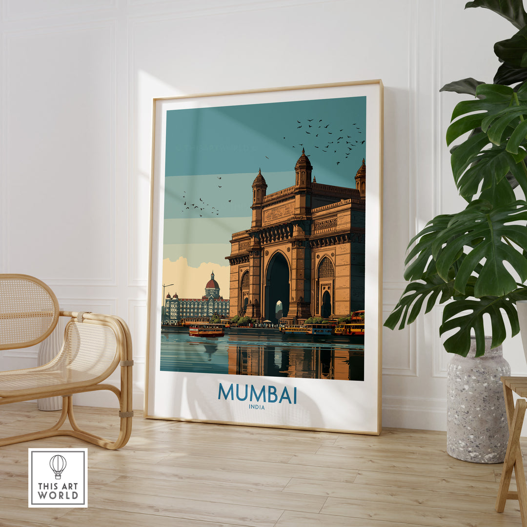 Mumbai travel print featuring the iconic Gateway of India, showcasing its architectural beauty and vibrant colors.