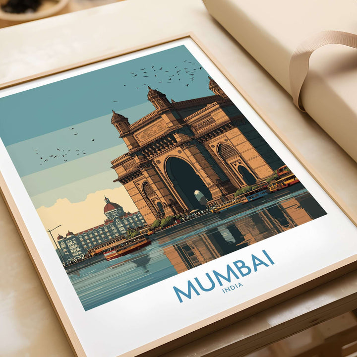 Mumbai travel print featuring the iconic Gateway of India and skyline, showcasing Indian heritage and architectural beauty.