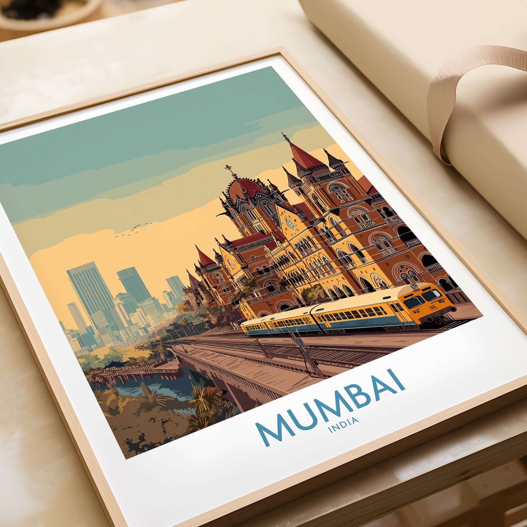Mumbai India Victorian Architecture Wall Art - Indian Cityscape Decor showcasing historic skyline design with vibrant urban life.