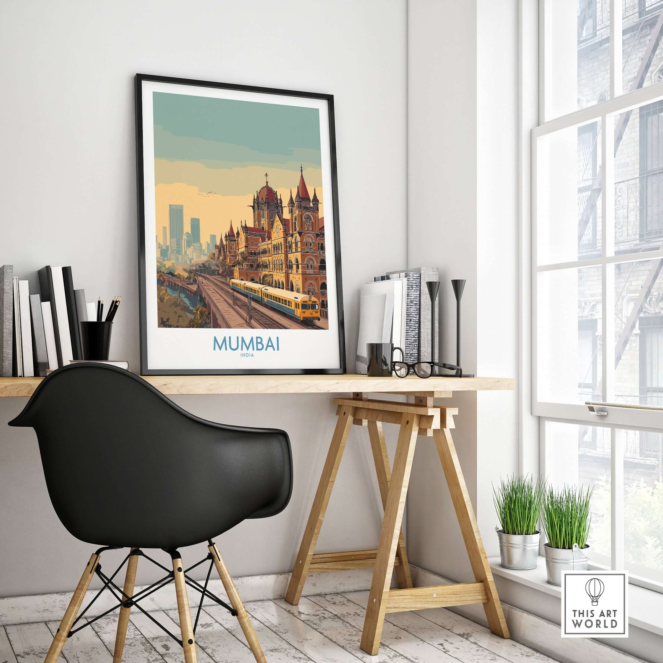Mumbai India Victorian Architecture Wall Art - Indian Cityscape Decor displayed in modern workspace.
