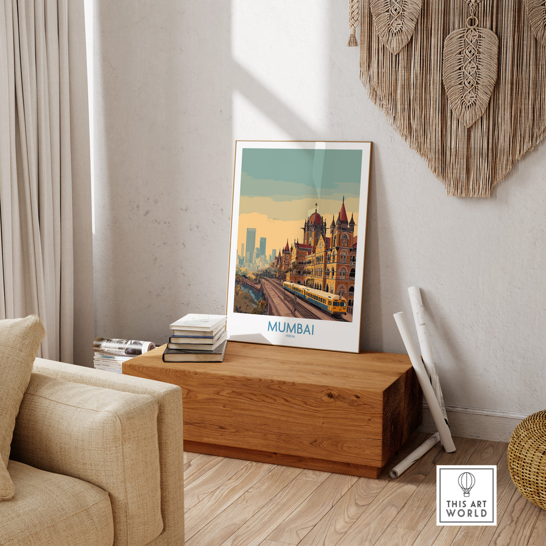 Mumbai Victorian architecture wall art in a stylish living room decor setting.