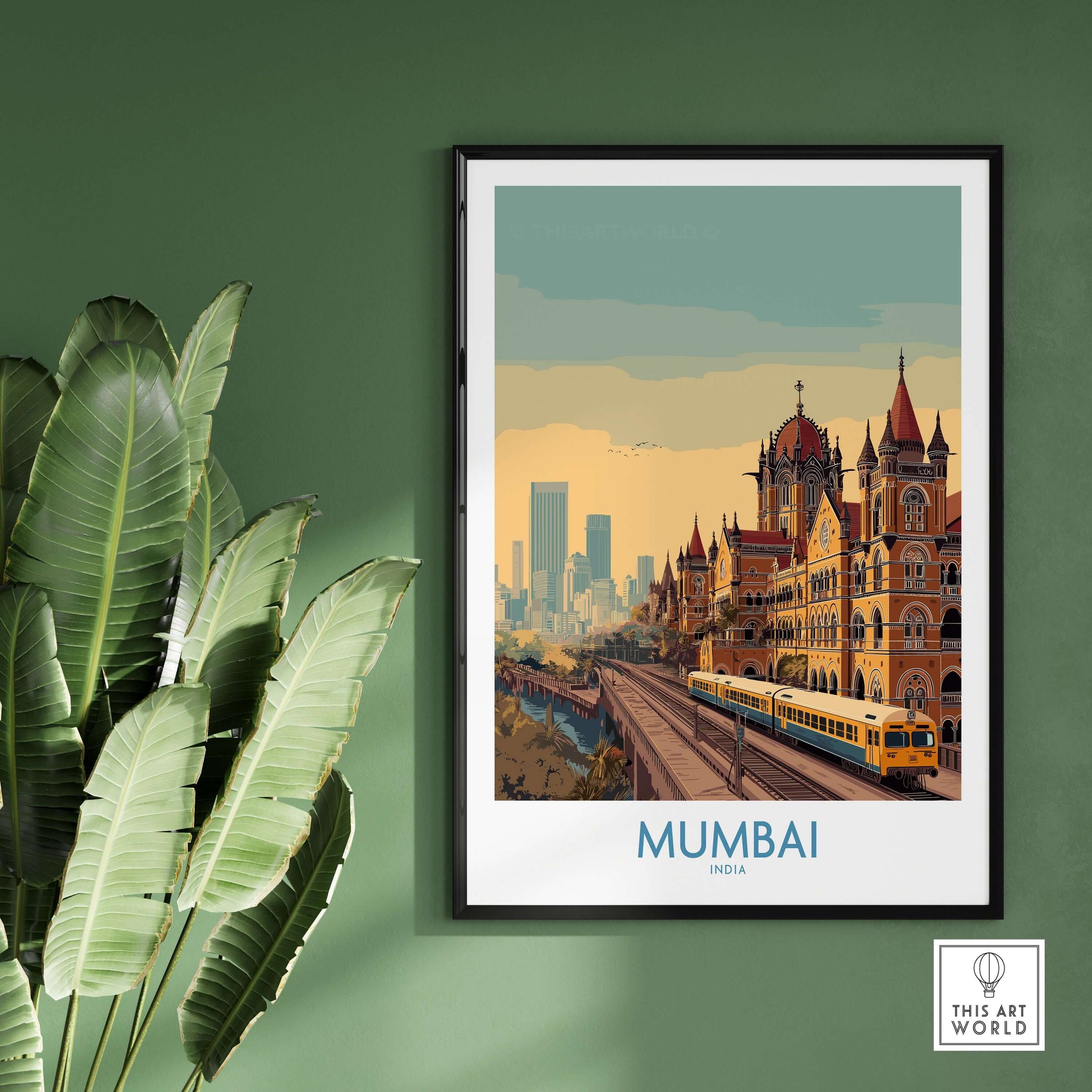 Mumbai India Victorian Architecture Wall Art - Indian Cityscape Decor displayed on a green wall with a potted plant.