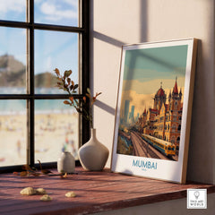Mumbai India Victorian Architecture Wall Art - Indian Cityscape Decor displayed on a table near a window.