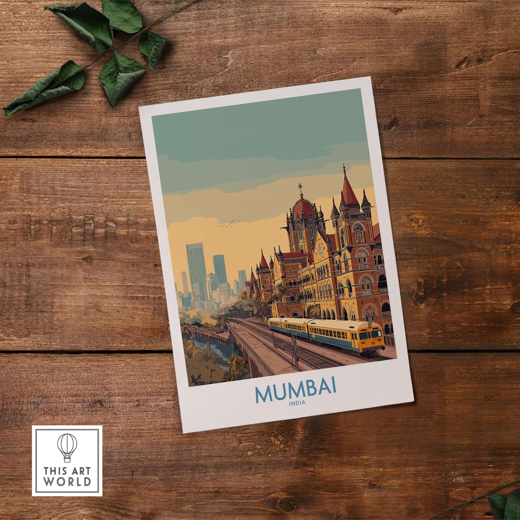 Mumbai India Victorian Architecture Wall Art - Indian Cityscape Decor on a wooden background featuring a vibrant city scene.
