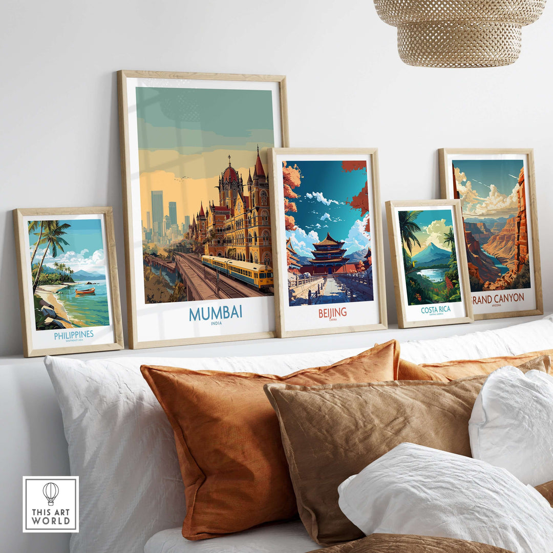 Collection of framed cityscape wall art featuring Mumbai, Beijing, Costa Rica, Philippines, and Grand Canyon decor.