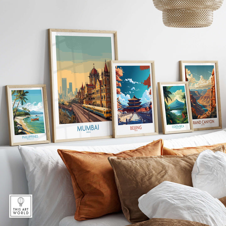 Collection of framed cityscape wall art featuring Mumbai, Beijing, Costa Rica, Philippines, and Grand Canyon decor.