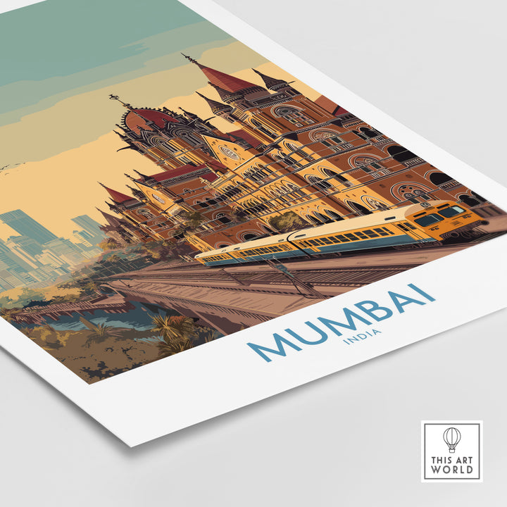 Mumbai Victorian architecture wall art showcasing cityscape with historical buildings and train.