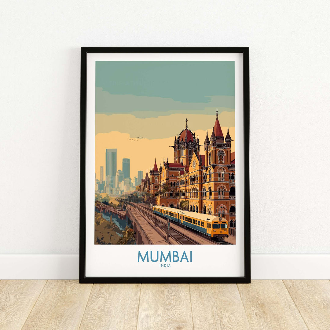 Mumbai Victorian architecture wall art featuring city skyline and historic train, perfect for Indian decor.