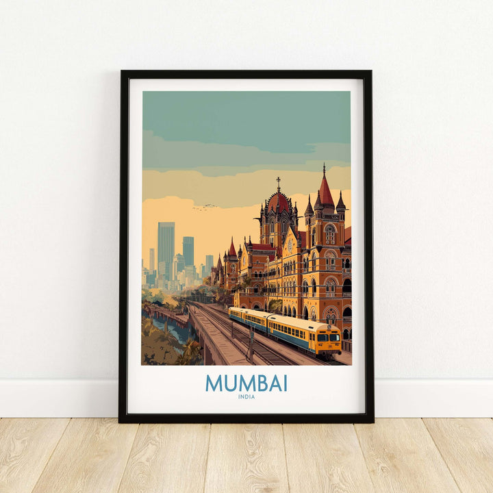 Mumbai Victorian architecture wall art featuring city skyline and historic train, perfect for Indian decor.