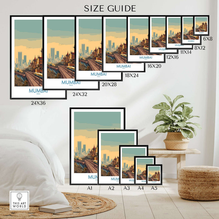 Size guide for Mumbai India Victorian Architecture wall art, showcasing various frame sizes for a cityscape decor.