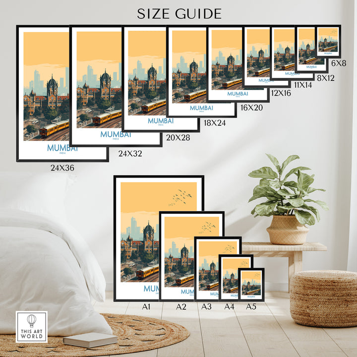 Size guide for Mumbai wall art showcasing various frame sizes and styles in a chic home setting.